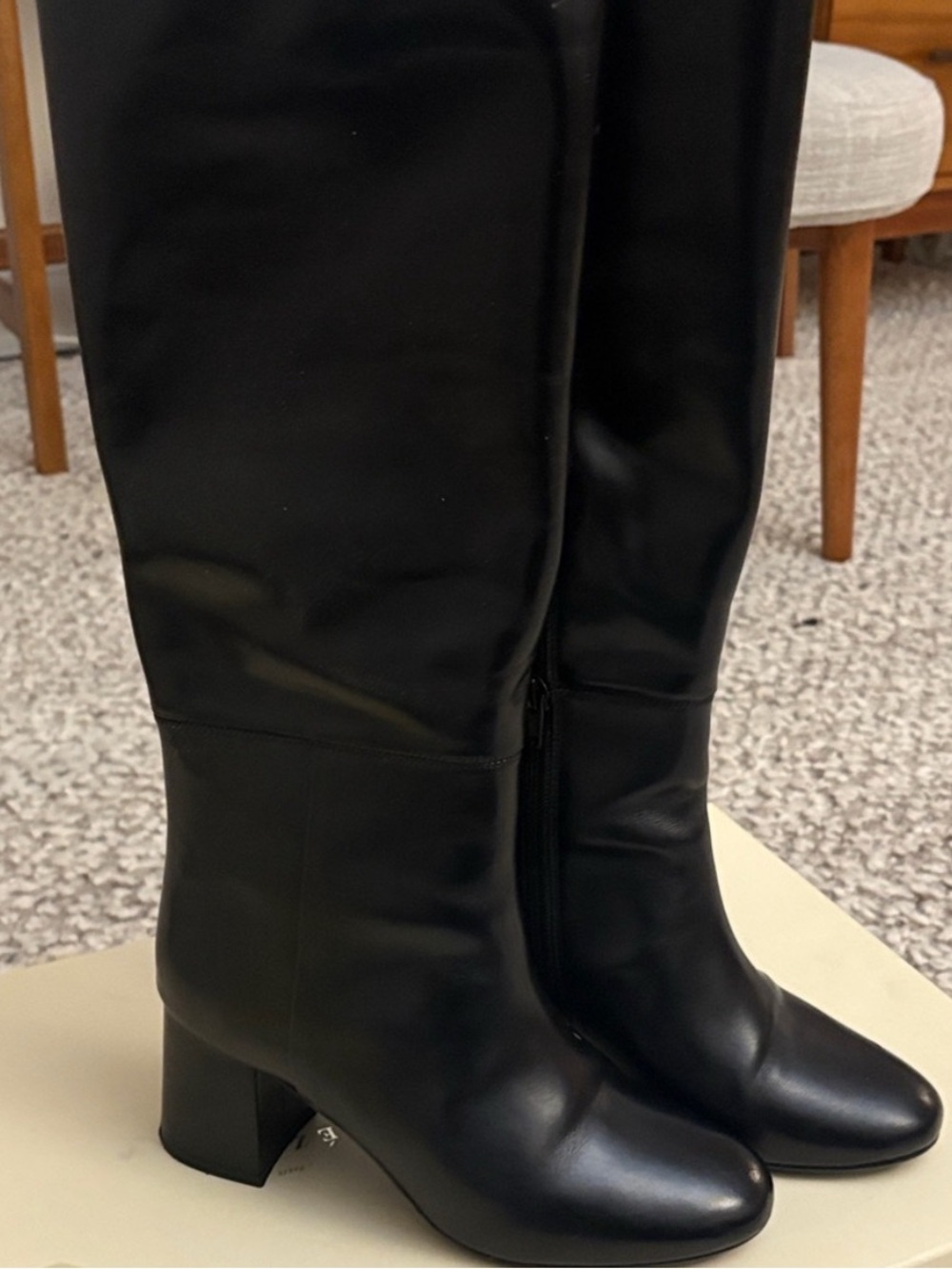 Sezane Theodora Glossy Black Knee-High Block Heel Boots